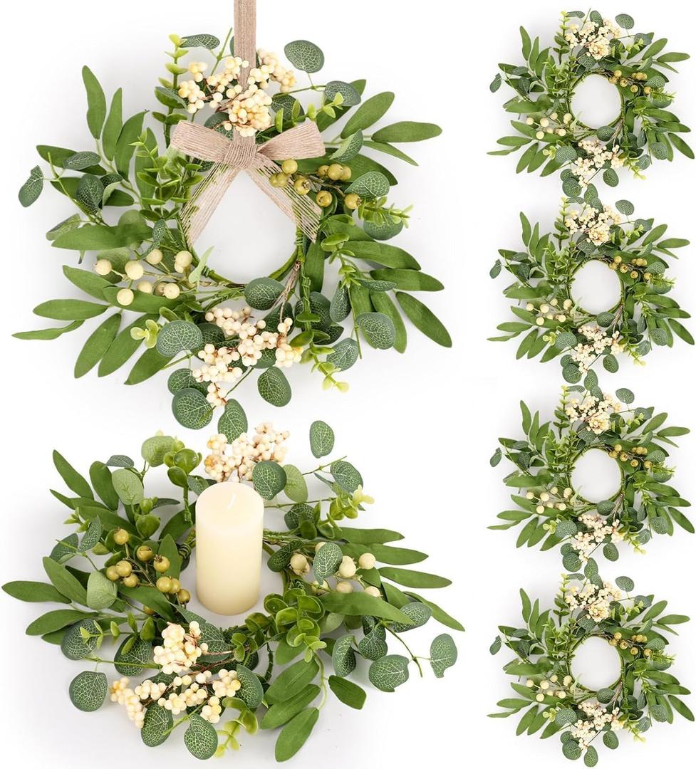 6 Pcs Green Eucalyptus Candle Rings Wreaths Spring Summer Kitchen Cabinet Wreaths Mini Green Berry Leaves Candle Wreath for Pillars Farmhouse Festival Wedding Celebrations Tabletop Decoration