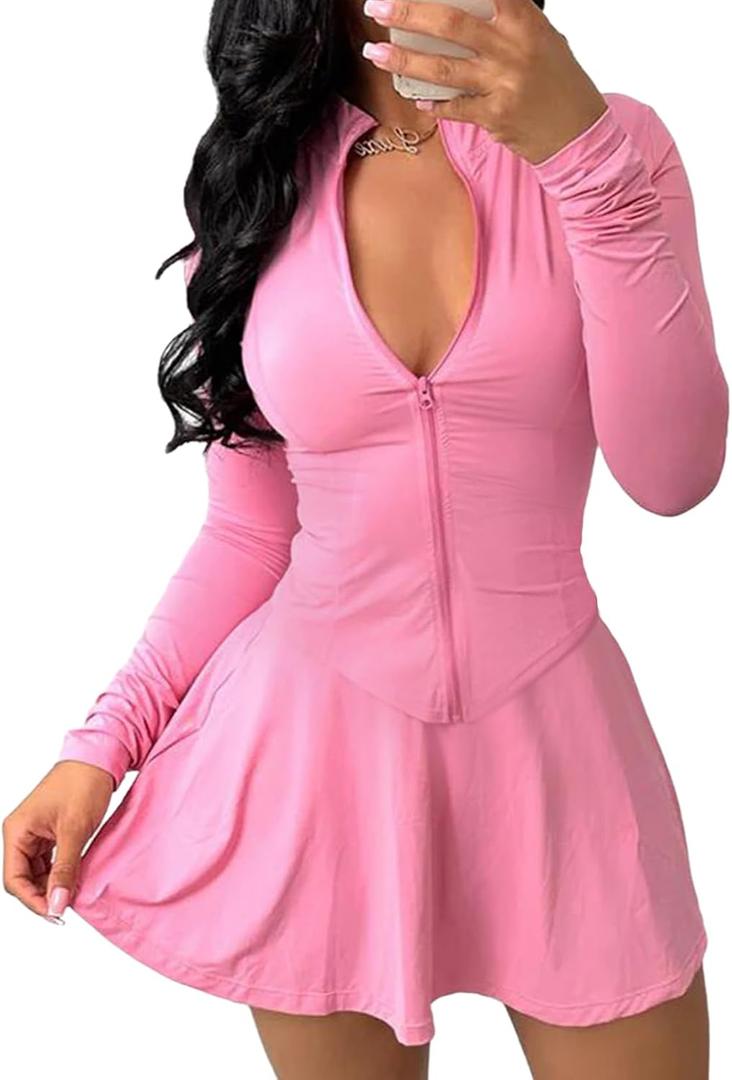 Tennis Skirts Set Womens 2 Piece Outfits Long Sleeve Zip Up Jackets Two Piece Mni Skirts Set Golf Skort Athletic Sports (Pink, XL)