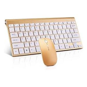 Wireless Keyboard and Mouse Combo, Compact Quiet Wireless Keyboard and Mouse Set 2.4G UltraThin Sleek Design for Windows, Computer, Desktop, PC, Notebook, Laptop (GHKM03 Gold 01)