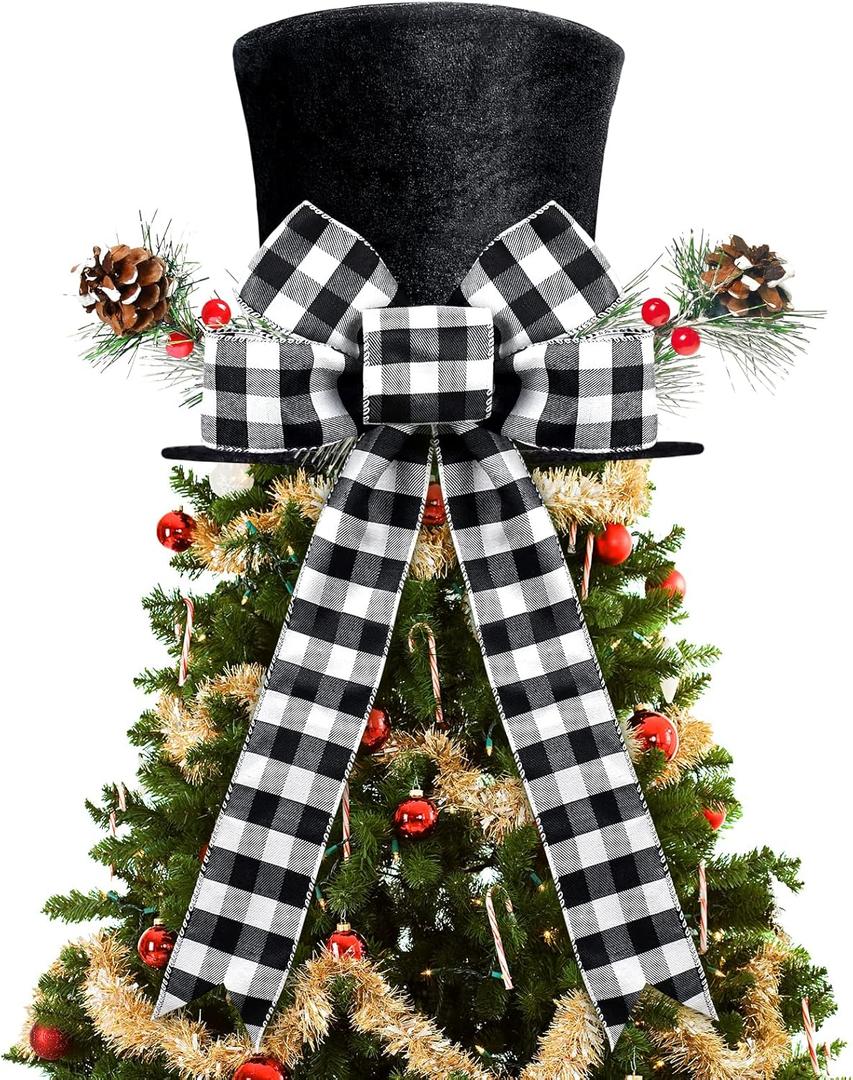 Christmas Tree Topper Hat, Black Velvet Xmas Tree Toppers with Classical Buffalo Plaid Big Bow tie and Lengthened Ribbon, Tree Topper for Christmas Holiday Party Home Decorations, Xmas Decor