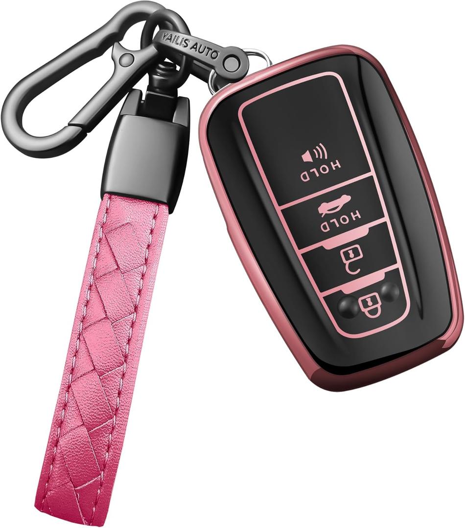 Sindeda Compatible With Toyota Key fob Cover with Leather Keychain,Soft TPU Full Cover Protection,Key fob case for RAV4 Camry Avalon Corolla Highlander C-HR Prius Smart Remote,Key Fob Shell-Pink
