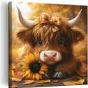 Cute Highland Cow Baby Canvas Wall Art Rustic Farmhouse Sunflower Wall Decor Picture Baby Cow Poster Print for Bedroom Bathroom Home Decoration 12x12in