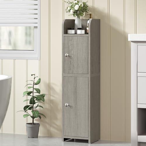 FIONESO Bathroom Cabinet, Corner Floor Storage Cabinet with Door, Narrow Bathroom Organizer and Paper Storage with Adjustable Shelves, for Small Spaces, White, Light Oak