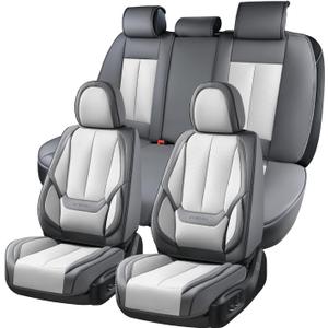 Coverado Car Seat Covers Full Set, Car Seat Protector Waterproof, Nappa Leather Car Seat Cushion, Seat Covers for Cars, Front Seats and Back Universal Fit for Most Cars, Gray-White