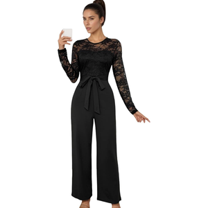 Hxkwox Women's Dressy Lace Patchwork Plain Crew Neck Jumpsuit Long Sleeve Wide Leg Jumpsuits Wedding Guest One Piece Outfits, Small