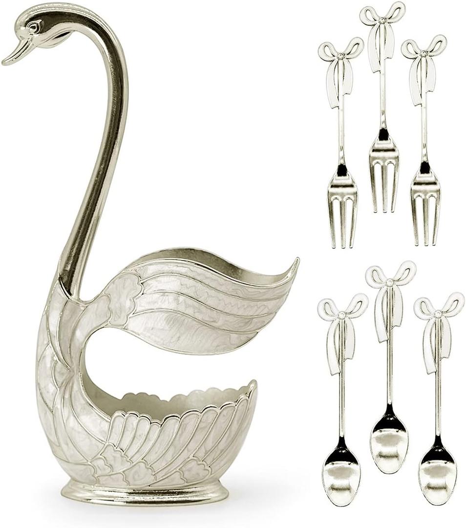 Decorative Swan Base Holder with 3 Spoons and 3 Forks, Coffee Dessert Spoon Fork Set Creative Coffee Dessert Sugar Flatware for Fruit Dessert Stirring Sugar Ice Cream (Silver)