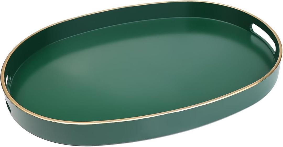 Spsyrine Dark Green Plastic Serving Tray for Ottoman, Coffee Table, Oval Decorative Tray for Entertaining, Outdoor, Living Room, Home Decor (15.5" x 10.6" x 1.4")