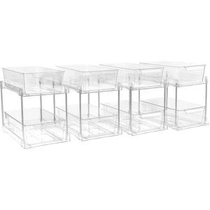 Zero Zoo 4 Pack 2-Tier Bathroom Under Sink Organizers and Storage - Clear Stackable Containers for Kitchen, Pantry, Vanity, Medicine Cabinet, Makeup, and Counter with Pull-Out Track