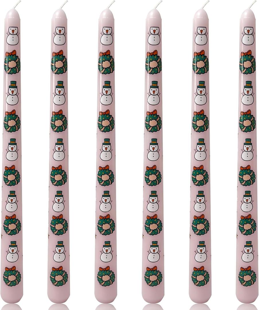 6 Pack Printed Taper Candle Set for Christmas, 10 Inch Dripless Candlesticks with Wreath Star and Snowman Pattern for Home Decoration Gift, 6-7 Hours Burn