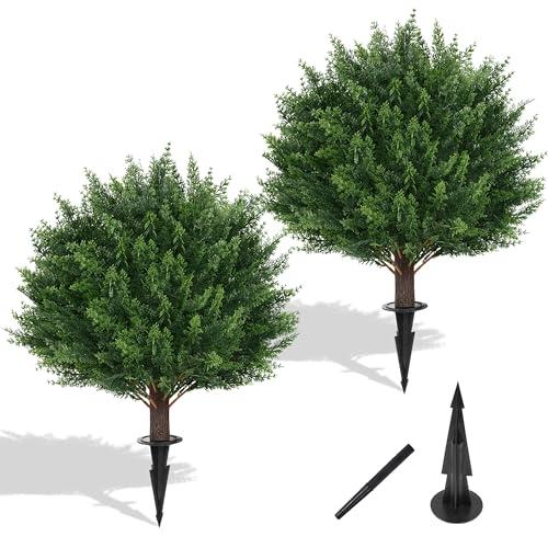 Yangrass Artificial Set of 2 Cedar Topiary Ball Trees 23" for Outdoors with Ground Spike, UV Resistant Faux Cypress Plants, Evergreen Shrubs Bushes for Front Porch Garden Backyard Decor