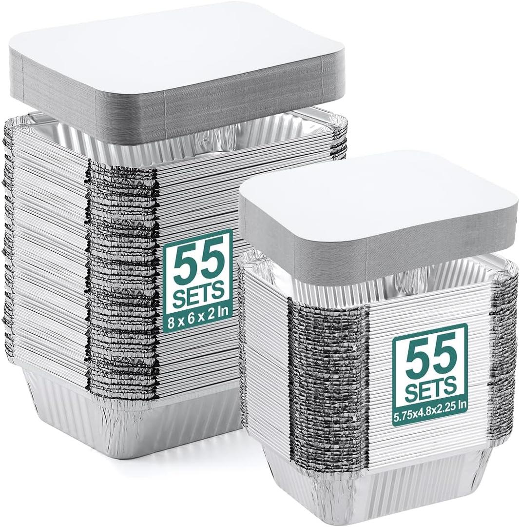 NEEBAKE 110 Pack Disposable Aluminum Pans with Cardboard Lids - 55 Pack 8x6 Foil Pans & 55 Pack 5x4 1lb Mni Tin Foil Baking Pans Tin Trays, Food Containers for Meal Prep, Cooking, Roasting, Heating (White Flat Lids)