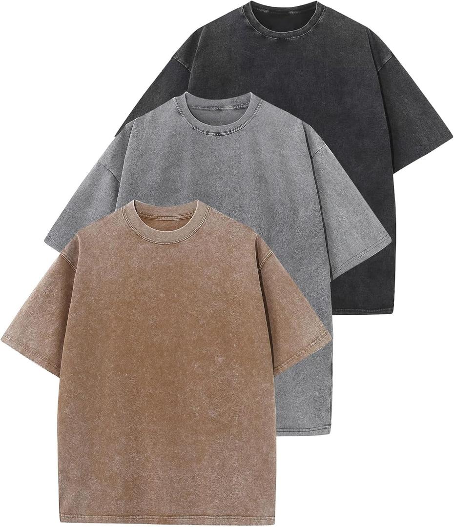 Yimoon 3 Pack Men Oversized T Shirts Heavy Cotton Vintage Baggy Tee Casual Loose Short Sleeve Acid Wash Unisex Tops(Blackgreykhaki-M), Medium
