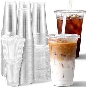 AOZITA 100 Pack, 16 Oz Plastic Cups With Lids and Straws, Iced Coffee Cups With Lids Disposable Clear Cups With Lids - for Iced Coffee, Smoothie, Milkshake and Cold Drinks