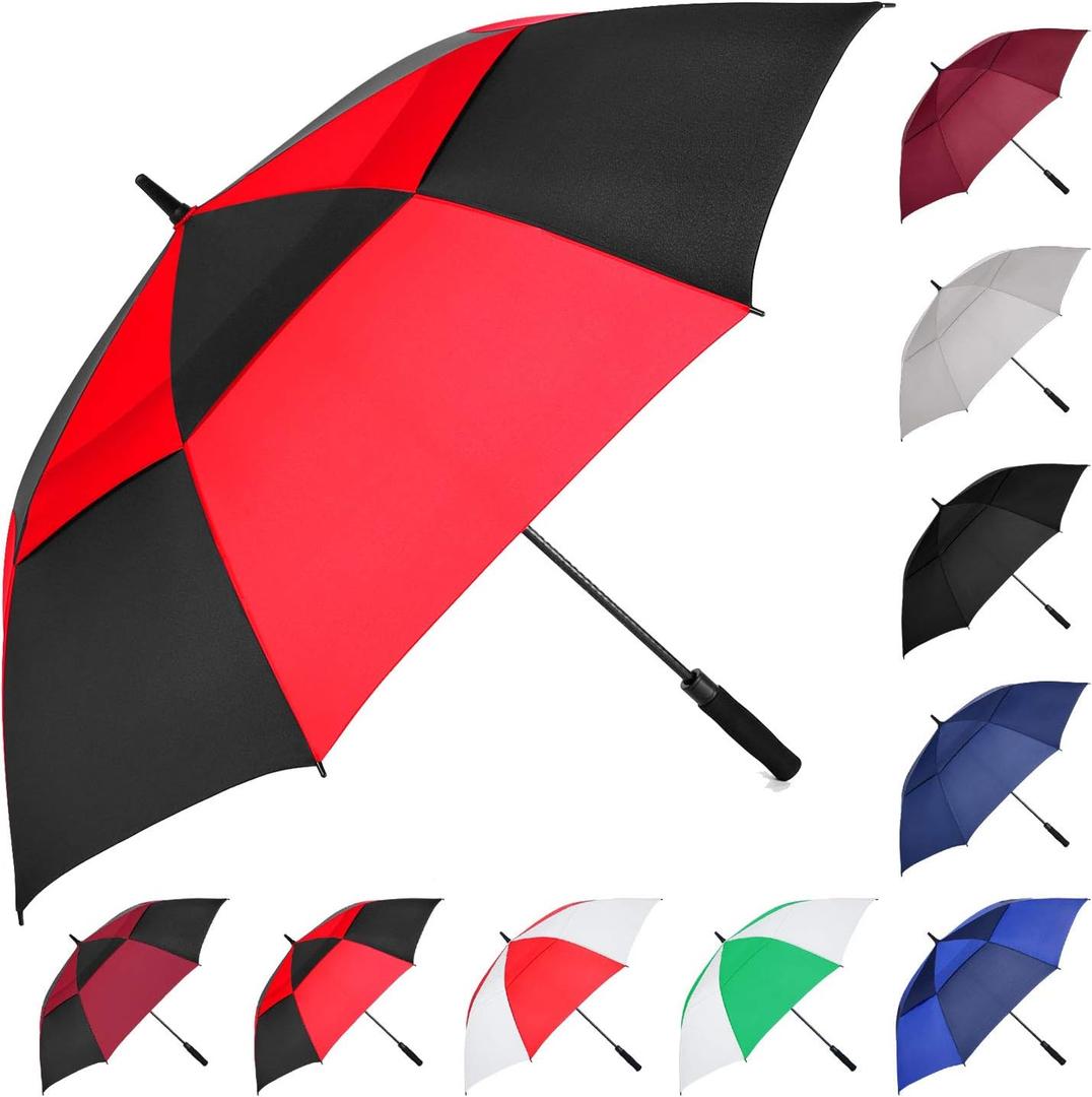 MRTLLOA Automatic Open Golf Umbrella, Extra-Large Oversized Double Canopy Vented Windproof Waterproof Stick Rain Golf Umbrellas for Men and Women(Red Black/ 62 in)