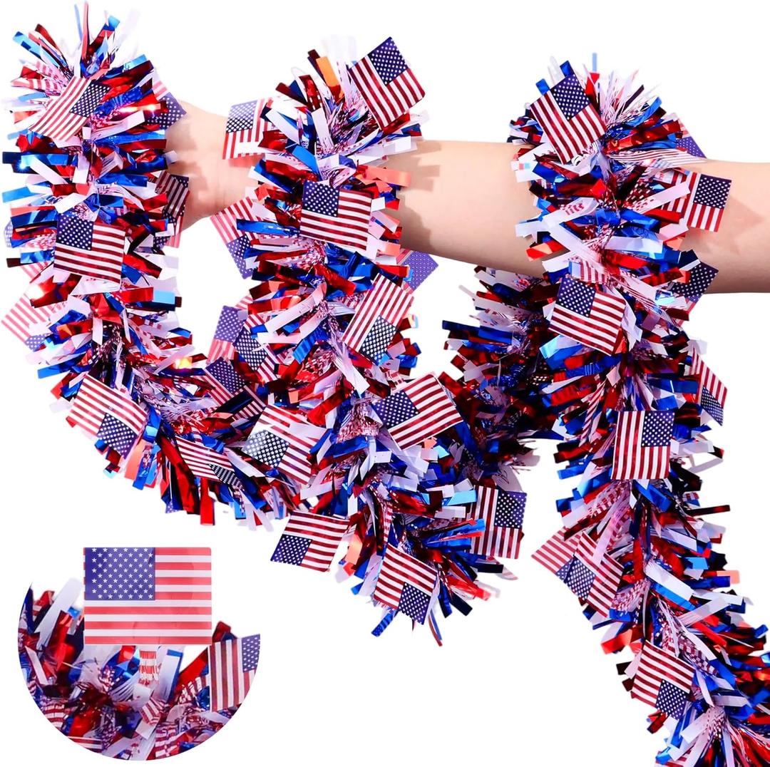 50 Feet Patriotic Tinsel Garland 4th of July Decorations, Red White and Blue Tinsel Metallic Glitter Garlands with Flags for Fourth July Independence Day Memorial Day Outdoor Indoor Decor