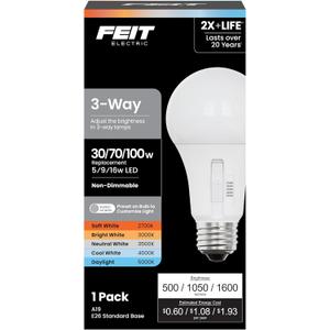 Feit Electric 3-Way A19 LED Light Bulb, 30/70/100W Equivalent, 5CCT Adjustable White (2700K5000K), 1600 Lumens, Dimmable, 25,000-Life Hours, Energy Saving for Lamps & Fixtures, OM30/100/5CCTCA