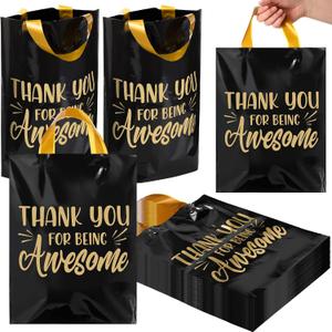 Kolldenn 50 Pcs Graduation/thank You Gifts Bags Employee Appreciation Goodie Bags with Handles Congrats Grad Reusable Plastic Party Favors for Gift Wrapping(Black Gold,Thank You for Being Awesome)