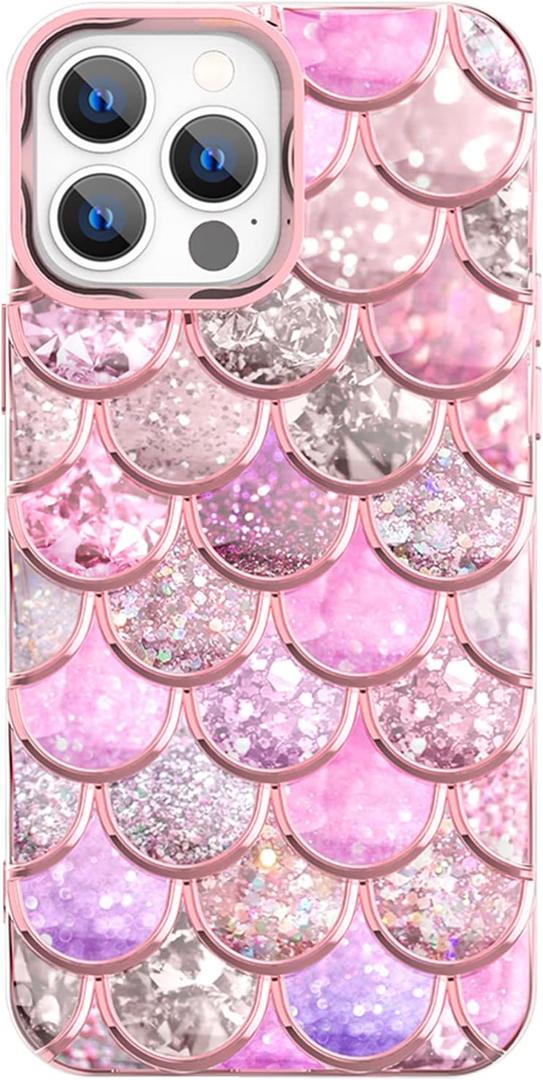 Omorro Compatible with iPhone 14 Pro Max Case for Girls, 3D Scales Desgin Glitter Bling Cute Luxury Transparent Phone Case for Women Girly Protective Cover (Pink)