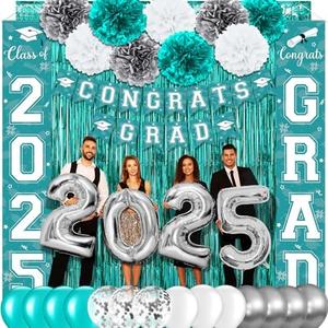 Graduation Party Decorations Class of 2024, Graduation Decorations with Congrats Grad Banner Fringe Foil Curtain Paper Flower Ball Balloons for High School College Graduation Party Supplies, Teal