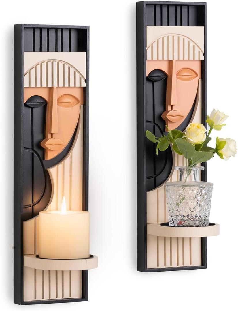 Modern Art Wall Candle Holder, Abstract Face Candle Sconce Set of 2, Wall Decor, 16.5 x 4.33 Inch (Boho) (Black,pink)