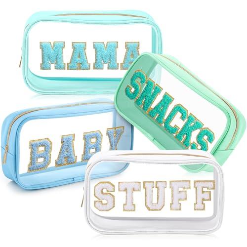 SilTriangle 4 Pcs Mama and Baby Toiletry Bag Clear Chenille Letter Diaper Bag Pouch Snacks Makeup Stuff Travel Preppy Transparent Pouch with Zipper for Women Gift(Fresh Color)