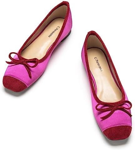 C.Paravano Women's Flats with Bowknot | Casual Slip On Dress Shoes | Comfortable Square Toe Shoes | Women Ballet Flats for Wedding Work Office Business (Hotpink, 38)