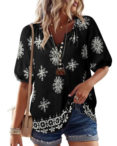 Unixseque Black Blouses for Women: Floral Summer Shirt Boho Cute Tops Lightweight - Beach Vacation Clothes for Women - Flowy Babydoll Tops Ladies Vacation Outfits, Large