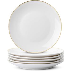 Brew To A Tea - White Dessert Plates with Gold Rim, Set of 6, 8" Round, Porcelain, Elegant Style, Dinner Plates
