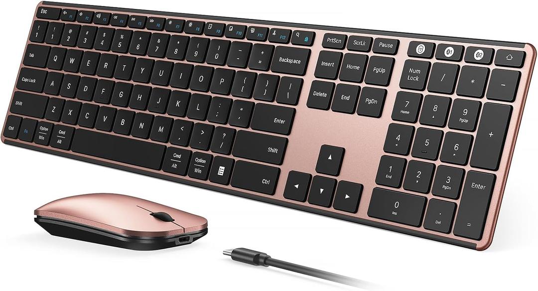 seenda Wireless Bluetooth Keyboard and Mouse Combo, SKM643 Rechargeable Slim Quiet Keyboard Mouse, 3 MultiDevice Connection, Compatible for Windows, Mac, MacBook, iPad, Tablet, Black Rose Gold