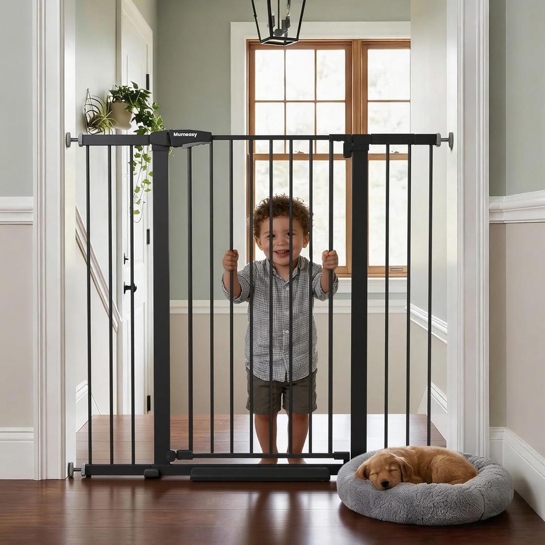 Mumeasy 36" Extra Tall Baby Gate for Stairs, 29.7-48" Wide Dog Gate for Doorways, Walk Thru Pet Safety Gate for Indoor, Pressure Mounted with Auto Close, Easy Install No Drill for Toddlers, Black