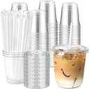 [100 Sets - 12oz Round Bottom Clear Plastic Cups with Lids and Straws, Disposable Iced Coffee Cups with Lids To Go Cold Drink Cups for Smoothies, Juices, Party Catering