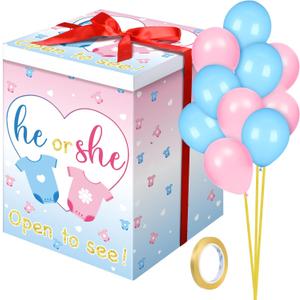 Hungdao Gender Reveal Balloon Box with Ribbon and 10 Pink and Blue Balloons Gender Reveal Games He or She Open to See for Party Decoration 12"x12"x16"(Cloth)