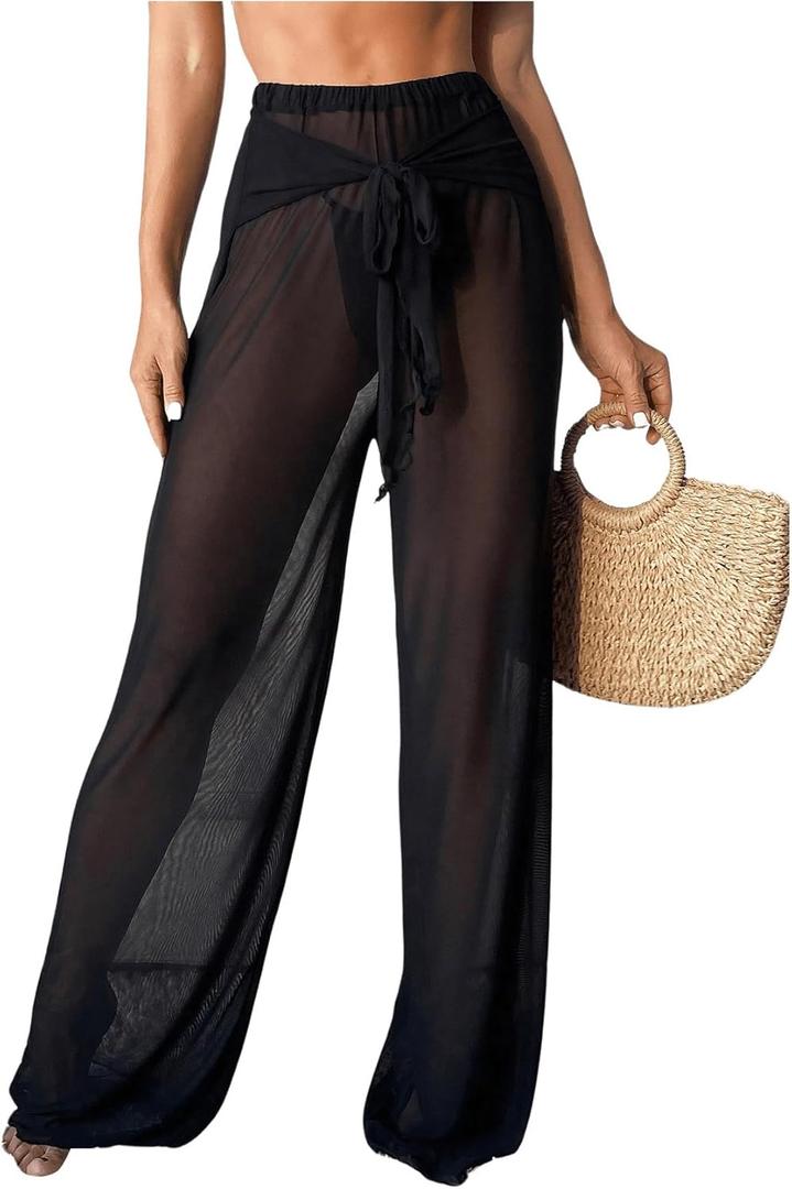 RoseSeek Women's Sheer Mesh Tie Front Bathing Suit Cover Up Pants Wide Leg Loose Swimsuit Cover Up Beach Pants (X-Large, Black)