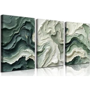 3pcs Abstract Texture Canvas Wall Art Neutral Green And Beige Wall Decor Pictures Modern Minimalist Green Wave Posters Prints Paintings for Living Room Bedroom Office Furniture Decoration