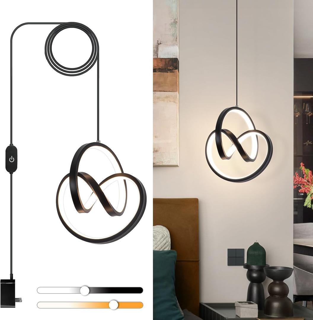 Sovinzert 3000~6000K Plug in Pendant Light Fixtures, Touch Switch Hanging Lamp Plug in Modern Pendant Lamp, Black Hanging Light for Kitchen Island, Bedroom, Dining Room, Living Room,1 Pack
