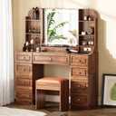 Arulvmrn 43" Makeup Vanity Desk with Mirror and Lights, & Power Outl, Glass Top Big Vanity Table with 9 Drawers& 8 Storage Shelves, Dressing Table Set with Chair for Bedroom, Brown (15.75D*43.31W*57.48H)