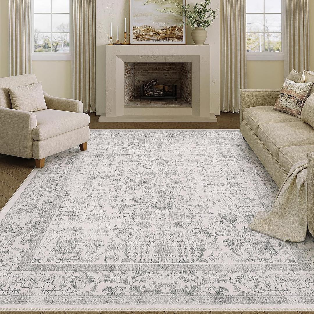 Gray Area Rug 6x9 Machine Washable Vintage Living Room Distressed Non Slip Carpet Traditional Indoor Bedroom Grey Retro Floral Accent Throw Large Rug for Office Kitchen Dining Room