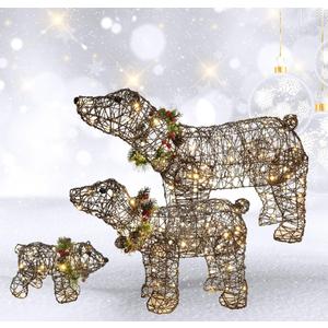 Lighted Christmas Decorations Outdoor Rattan Polar Bear 3-Piece - HOYECHI Polar Bear Family with 140 LED Lights, Zip Ties, Ground Stakes for Front Yard, Lawn - Rattan/Brown