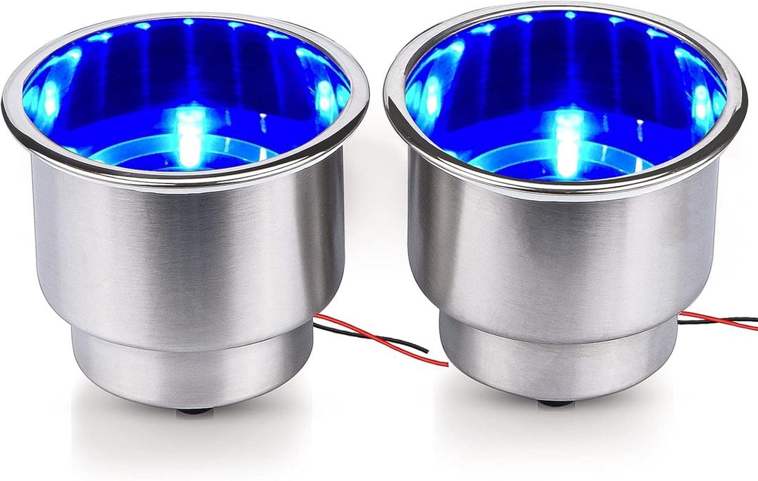 2 Pcs Blue LED Stainless Steel Cup Drink Holder with Drain & LED Marine Boat Rv Camper Seating