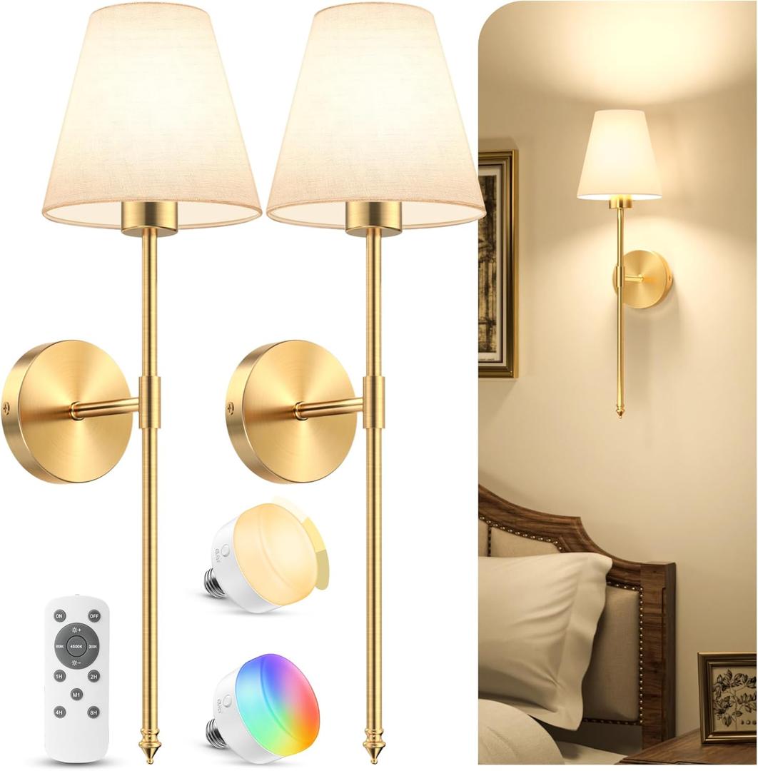 VOLISUN Battery Operated Wall Sconces Set of Two, Wireless Wall Sconces with Remote and Dimmable Bulbs, 9 Colors Battery Powered Wall Lights, Gold Rechargeable Wall Lamps for Bedroom (23.6 inch)