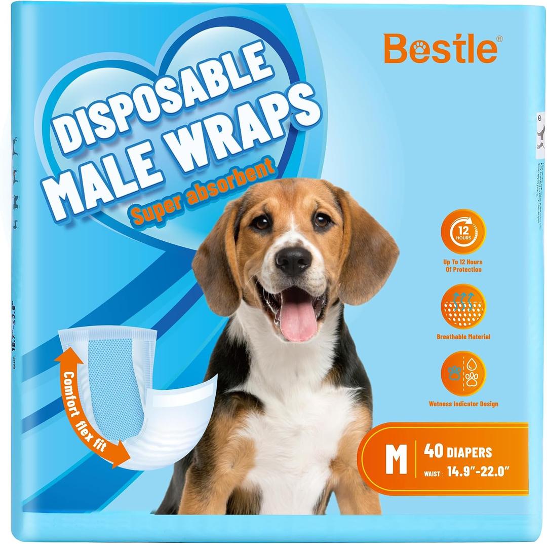 Bestle Male Dog Wrap, Disposable Dog Diapers, 40 Count, M (Waist 19.7-23.6), Wetness Indicator, Ultra Protection, Leak Proof, Super Absorbent, Soft (Medium)