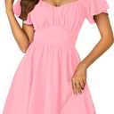 Rooscier Women's Tie Back Square Neck Wrap Ruffle Short Sleeve Flare Mini Dress (Medium, Pink)