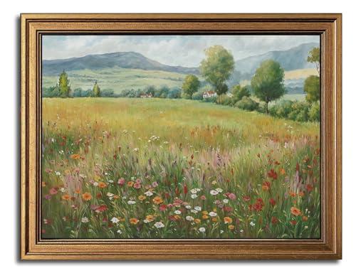 Gold Framed Wall Art Vintage Flower Canvas Wall Art Floral Countryside Landscape Wildflower Artwork Prints Picture for Living Room Bedroom Farmhouse Bathroom Office Decor, 12x16