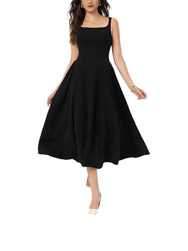 ORQUWEH Women Square Neck Maxi Dress 2025 Vacation Strappy Summer Dress, Sleeveless Strap Long Dress for Women Waist Tight A-Line Flowy for Prom Dinner, Black (Size Large)