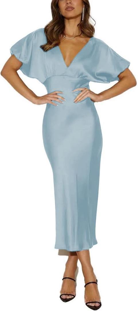 Satin V Neck Puffy Sleeves Silk Midi Dresses Empire Waist Elegant Tie Back Formal Cocktail Dress for Women Wedding Guest, Medium