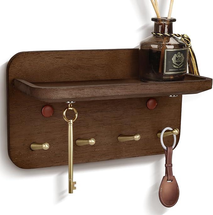 LEIRUOTM Key Holder Wall Mount, Solid Wood Key Holder for Wall with 4 Brass Hooks & Hidden Magnets, 15° Incline Hooks & Grooved Design to Prevent Slipping, Vintage Brown Key Hanger