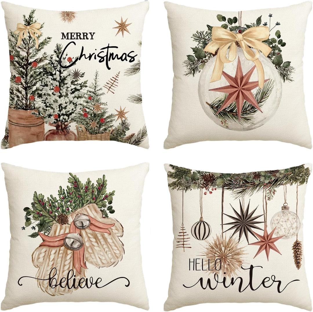 AVOIN colorlife Merry Christmas Balls Eucalyptus Holly Berries Gloves Throw Pillow Covers, 18 x 18 Inch Xmas Winter Holiday Cushion Case Decoration for Sofa Couch Set of 4