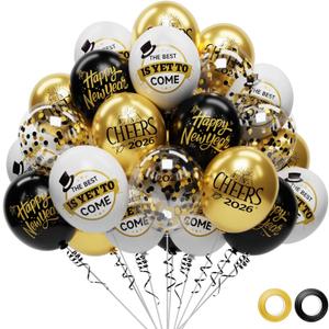 3 x 62 Pack Black and Gold New Years Balloons 2026 New Years Decorations - 12 Inch New Year Eve Party Supplies 2026 New Year Eve Balloons with Ribbons - Black Gold Nye Party Decorations Nye Balloon