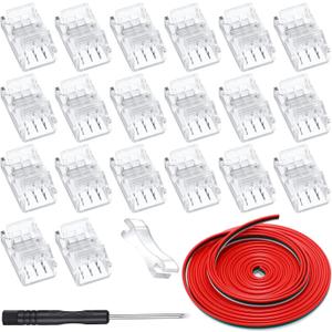 20 Pack 4 Pin 10mm Solderless LED Strip Connector Transparent Track Lighting LED Pin Connectors with Wire Strip 16.4ft for 5050(3 Pin, 10 mm)