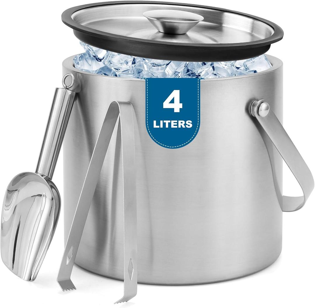 Ice Granule Bucket Double Wall Ice Bucket with Lid,Scoop,Tongs- Inner Layer 304 Stainless Steel Ice Container Keep Ice Frozen Longer- Ideal for Cocktail Bar,Parties (4L)